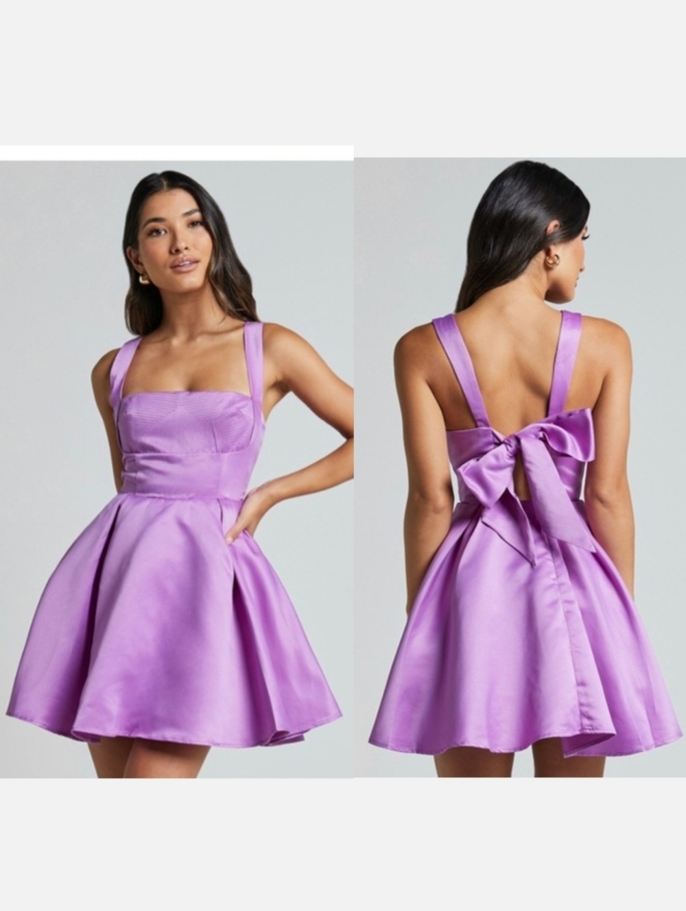 Showpo Fit & Flare Bow Back Satin Mini Dress Lavender Lilac Size 4